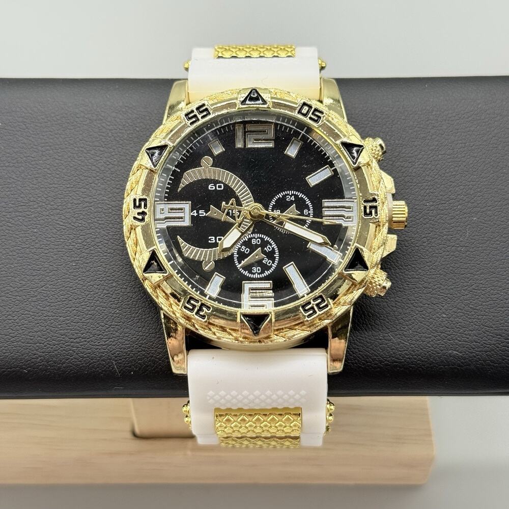 Men's Quartz Watch Gold Tone Case White Silicone Strap Sports Casual Big Face